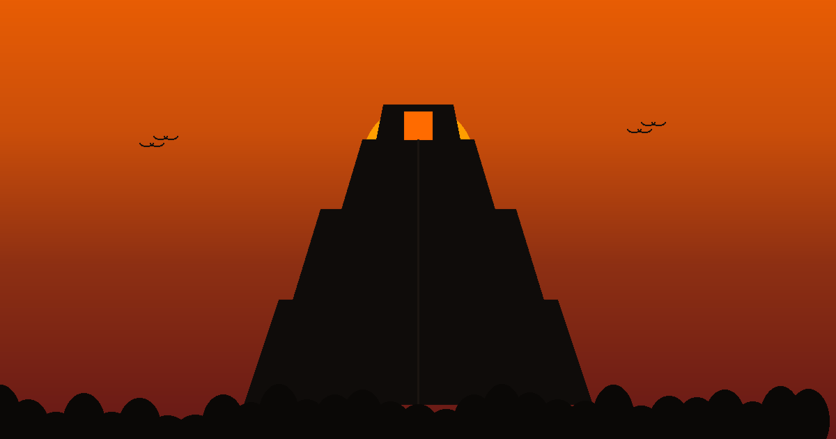 Mayan pyramid silhouette against sunset